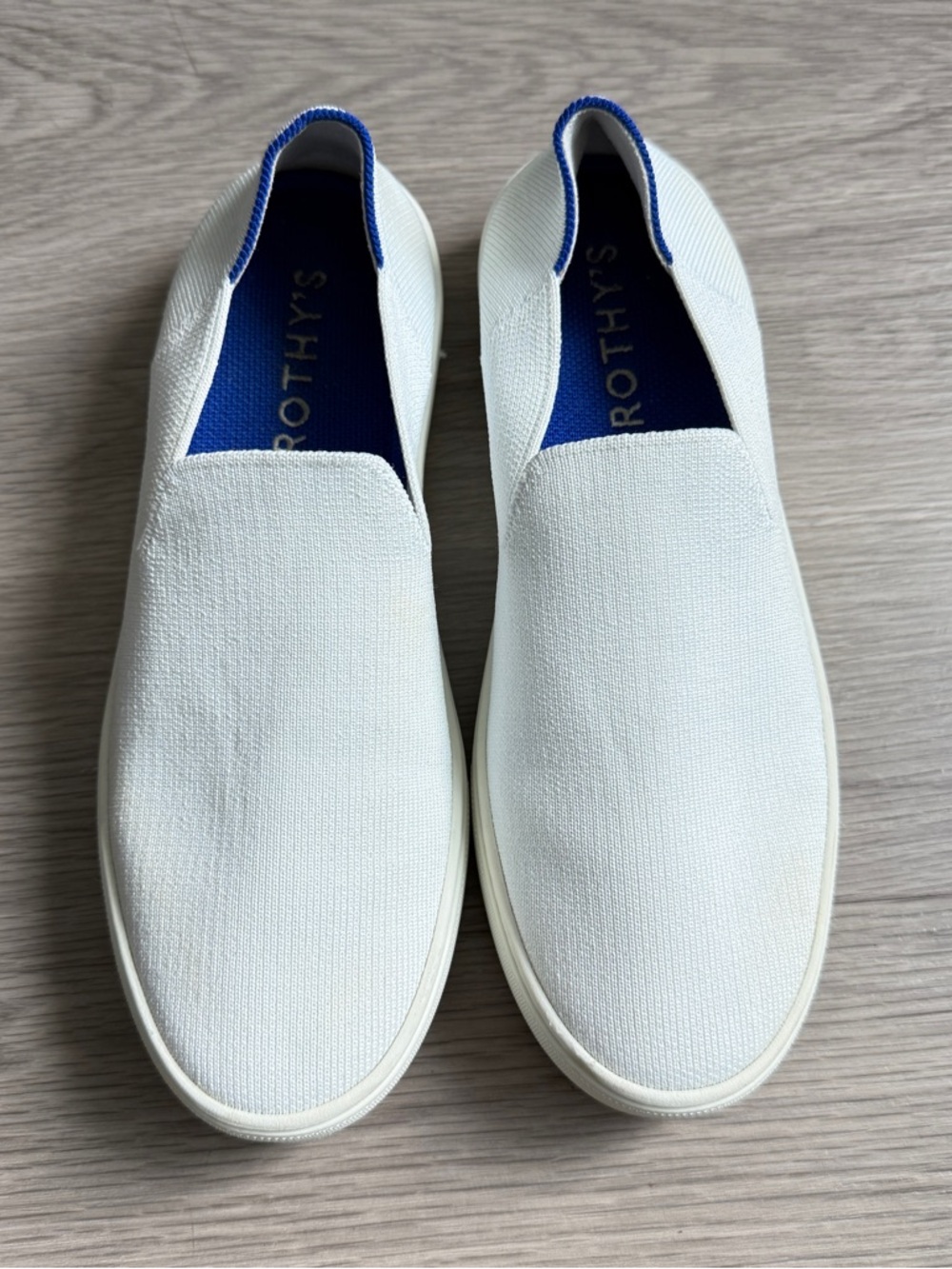 Rothy’s The Original Slip-On Sneaker — White/Blue, Size 9
